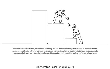 Continuous line design of team collaboration helping each other to get to the pinnacle of success. Solid teamwork symbol. Decorative elements drawn on a white background.