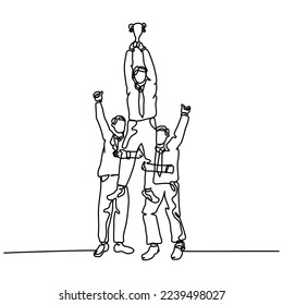 Continuous line design of team members celebrating victory. Teamwork and leadership design concept. Decorative elements drawn on a white background.