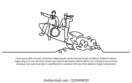 Continuous line design of team members flying on rocket. Shows directions and looks around. Design concept of cooperation and leadership in business. Decorative elements drawn on a white background.