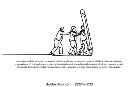 Continuous line design of team members pushing pencil. Teamwork and leadership design concept. Decorative elements drawn on a white background.