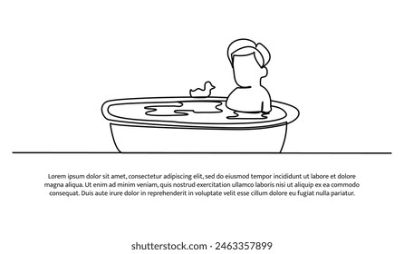 Continuous line design of toddler soaking in the bathtub playing with rubber ducks. Single line decorative elements drawn on a white background.