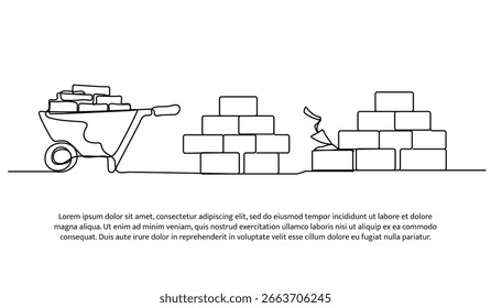 Continuous line design of transporting bricks using a wheelbarrow. Single line decorative element drawn on white.