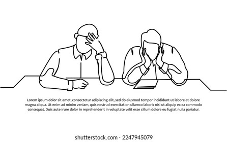 Continuous line design of two limp male workers. Work fatigue design concept. Decorative elements drawn on a white background.