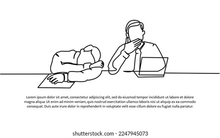 Continuous line design of two male workers limp in front of laptop. Work fatigue design concept. Decorative elements drawn on a white background.