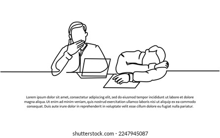 Continuous line design of two male workers limp in front of laptop. Work fatigue design concept. Decorative elements drawn on a white background.