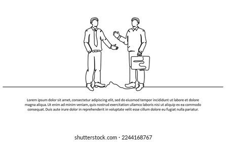 Continuous line design of two men standing discussing together. Businessman working concept design. Decorative elements drawn on a white background.
