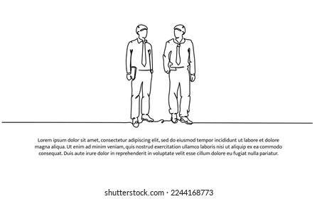 Continuous line design of two men standing discussing together. Businessman working concept design. Decorative elements drawn on a white background.
