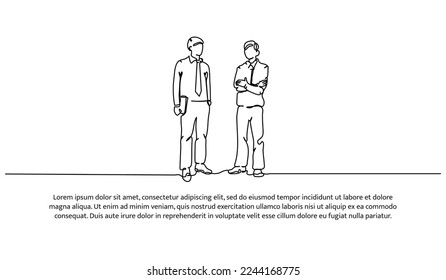 Continuous line design of two men standing discussing together. Businessman working concept design. Decorative elements drawn on a white background.