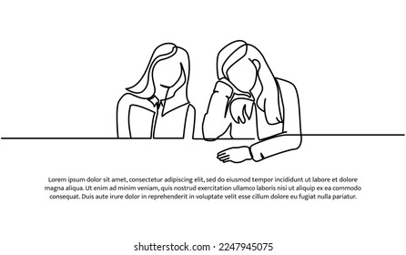 Continuous line design of two sad looking girls. Tired, bored and mental problem design concept. Decorative elements drawn on a white background.