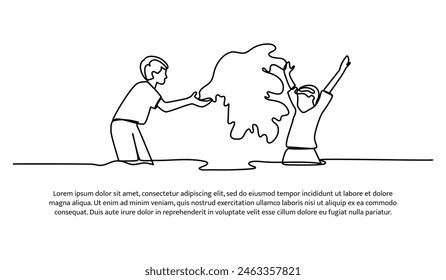 Continuous line design of  two small children playing in the water. Single line decorative elements drawn on a white background.