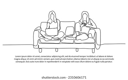Continuous line design of two women sitting together on sofa busy with laptop and personal handphone. Decorative elements drawn on a white background. - Powered by Shutterstock - Get 15% off with code: PIKWIZARD15