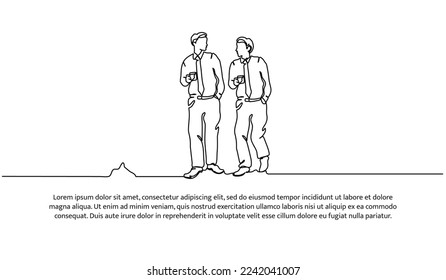 Continuous line design of two young men walking discussing holding coffee cup. Work relaxation design concept. Decorative elements drawn on a white background.