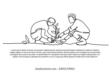 Kontinuierliches Liniendesign von zwei jungen Leuten pflanzt Pflanzen. Einzeilige dekorative Elemente auf weißem Hintergrund.