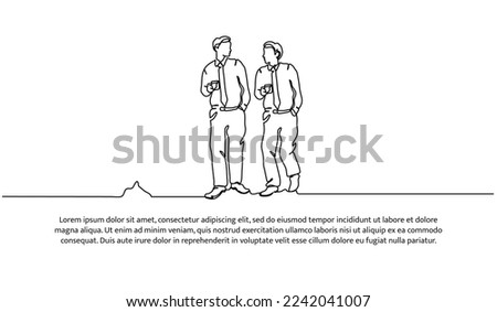 Continuous line design of two young men walking discussing holding coffee cup. Work relaxation design concept. Decorative elements drawn on a white background.