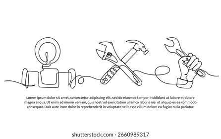 Kontinuierliche Leitungskonstruktion von Wasserpumpe und Schraubenschlüssel. Einzeiliges Dekorelement auf Weiß.