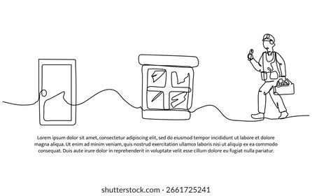 Continuous line design of worker repairing window and door. Single line decorative element drawn on white.