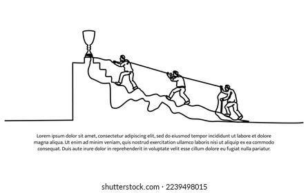 A continuous line design of workers trying to climb on a rope to reach a trophy. Symbol of career, growth and business competition. Decorative elements drawn on a white background.