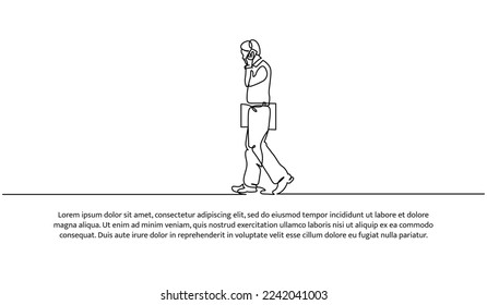 Continuous line design of young man walking with briefcase. Design concept of going to work. Decorative elements drawn on a white background.