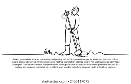 Continuous line design of a young man is doing cleaning. Single line decorative elements drawn on a white background.