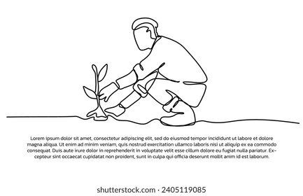 Continuous line design of a young man is carrying out reforestation. Single line decorative elements drawn on a white background.