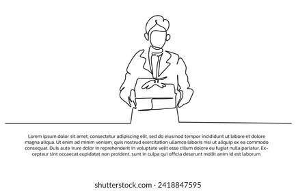 Continuous line design of a young man carrying a gift box. Single line decorative elements drawn on a white background.