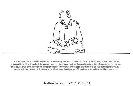 Continuous line design of a young man reading a book. Single line decorative element drawn on white background.