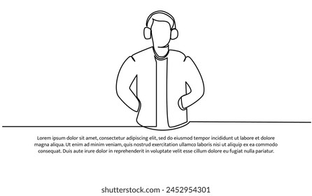 Continuous line design of young man listening to music. Single line decorative elements drawn on a white background.