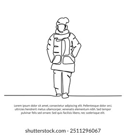 Projeto de linha contínua de um jovem em férias no inverno. Elemento decorativo de linha única desenhado sobre fundo branco.