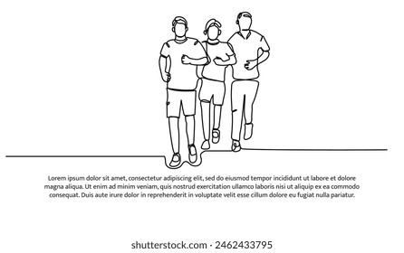 Continuous line design of young men jogging together. Single line decorative elements drawn on a white background.