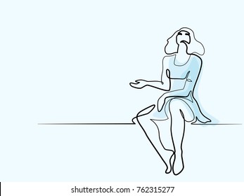 Linha contínua diferente desenho largo. Mulher sentada, olhando para cima e esperando chuva. Ilustração de cor de vetor