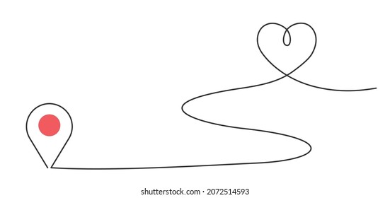 Continuous line direction from the location marker to the heart. GPS navigation pointers. Vector illustration.