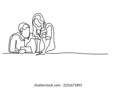 kontinuierliche Diskussion in Arbeit.Abstrakte Linie Zeichnung von Frauen und Mann diskutieren Ideen in der Arbeit