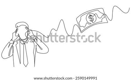 continuous line of dizzy businessman holding head and thinking about money.office people with financial targets.one line drawing isolated white background