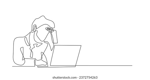 continuous line of dizzy worker looking at laptop screen.one line drawing of dizziness.too tired to work