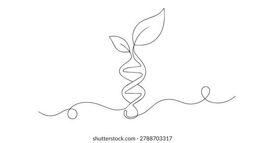 Continuous line of DNA helix transforming into leaf shape. One line drawing of nature and genetic growth. Ecology and biotechnology concept. single line art vector illustration.