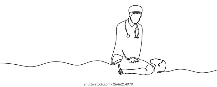 Linha contínua, o médico está demonstrando RCP. Vetor de linha desenhada à mão mínima recorta o fundo.