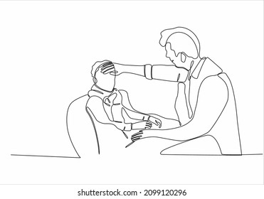 Continuous Line Of A Doctor Listening To A Small Child Who Is Sick ,draws A Line On A White Background.