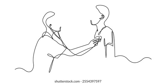 continuous line of doctor with stethoscope examining a man.one line drawing of heartbeat checking.single line of doctor working.isolated white background