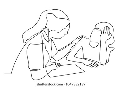 continuous line doctor a woman listens to a girl who has a headache. The girl holds her head in her hands. Drawing line on white background.