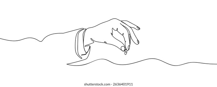 Continuous line. Doctor's hand is holding a capsule pill. line art vector.