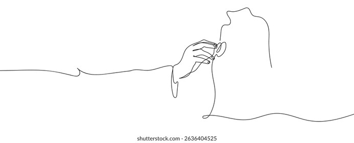 Continuous line. Doctor's hand using stethoscope. Examination. Doctor. line art vector.