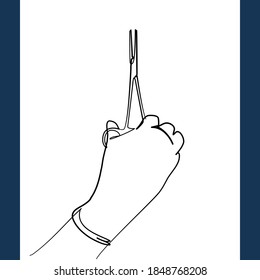 Continuous line, Doctor's hand in a white glove holding a surgical clip. Drawing of set Health. (Vector illustration one line drawing)