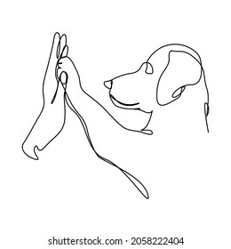 continuous line A dog is giving a paw to a person. dog paws in human hand
