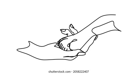 continuous line A dog is giving a paw to a person. dog paws in human hand
