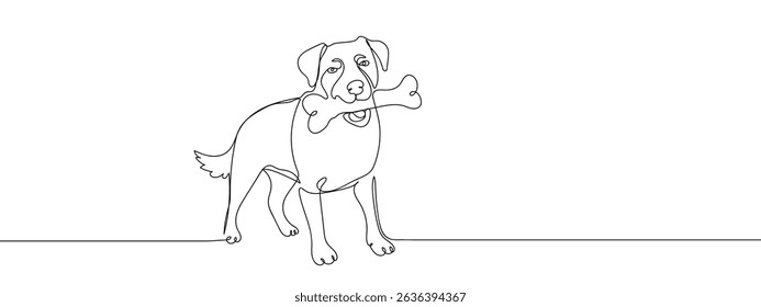 Continuous line. Dog holds a bone in its mouth. line art vector.