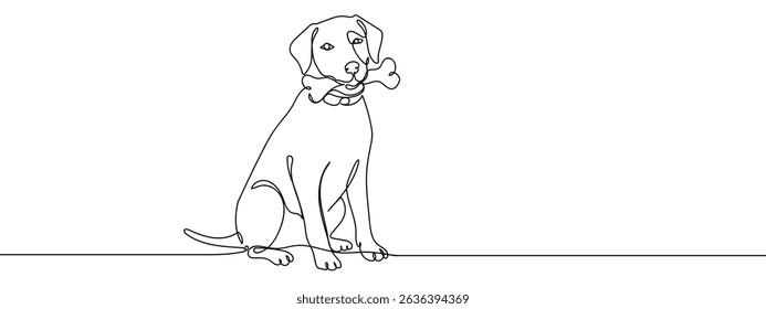 Continuous line. Dog holds a bone in its mouth. line art vector.