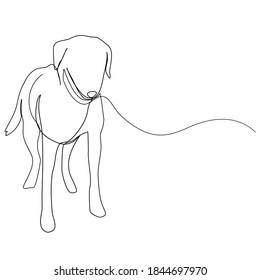 Continuous line, dog with leather leash waiting to go walkies. Drawing of set Pet. (Vector illustration one line drawing)