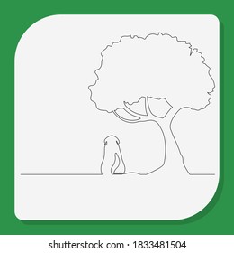 Continuous line, A dog waiting under the tree. Drawing of set Pet. (Vector illustration one line drawing)