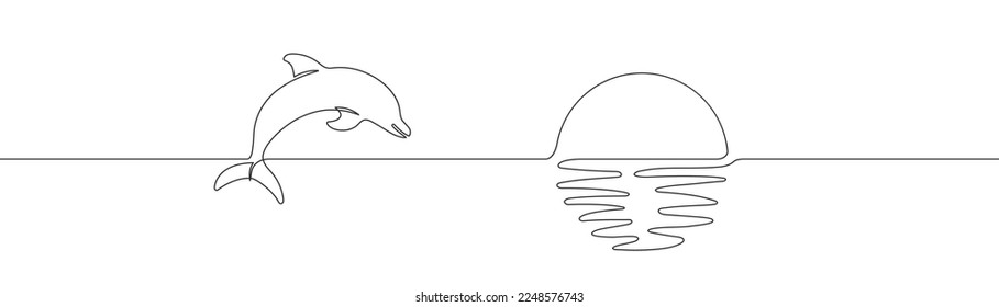 Continuous line dolphin on sunset on white background. Sun sign. Relax, summer symbol. One line art. Simple design. Thin line sketch. Flat design. Vector illustration.