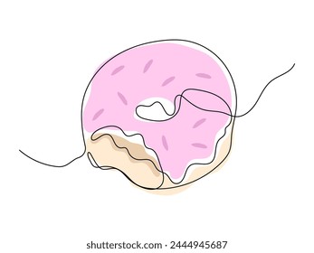 Línea continua de rosquilla con icono de crema de fresa. Ilustración de donut de Vector en estilo minimalista.